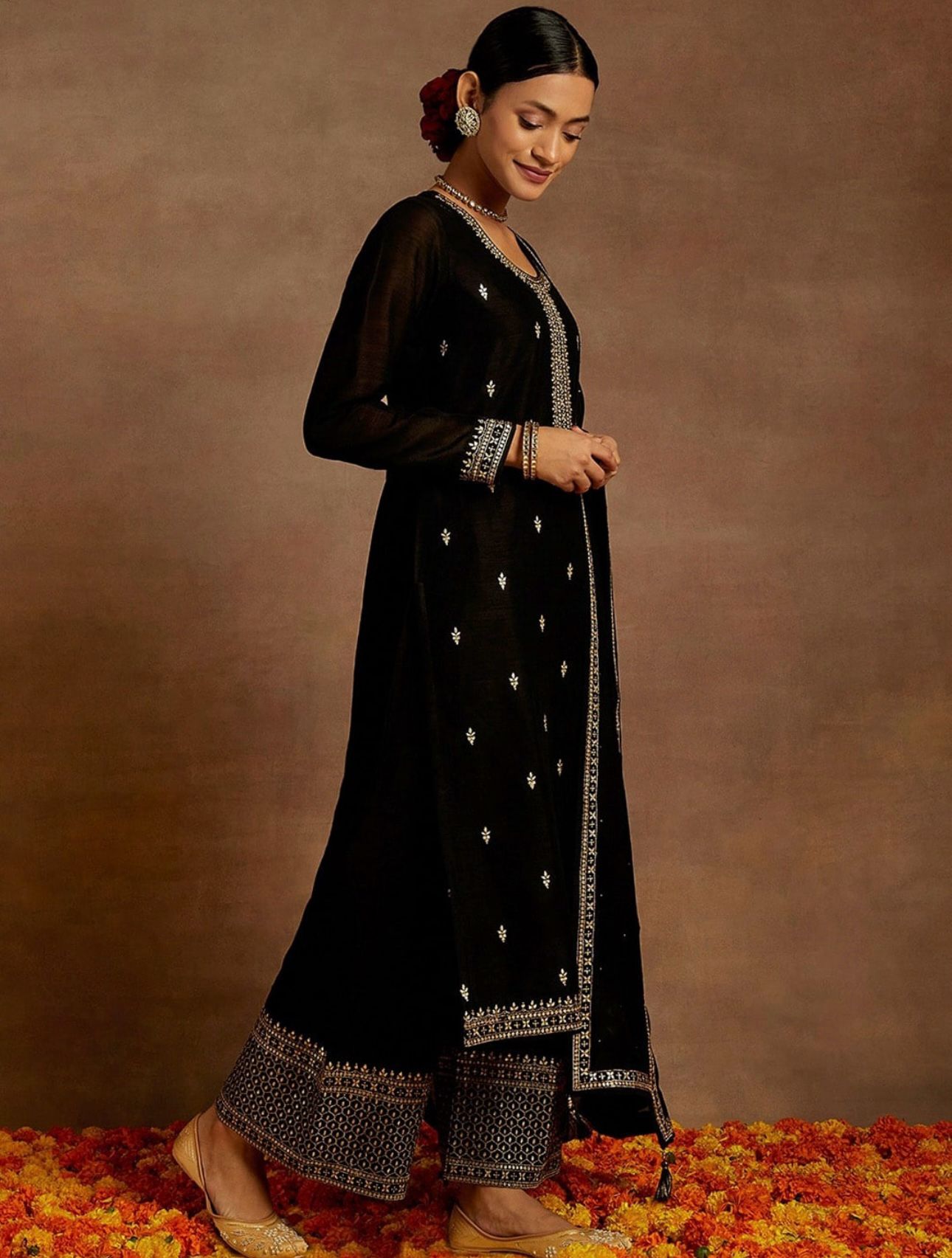Kurta With Palazzos & Dupatta with Floral Embroidery having Regular Sequinns