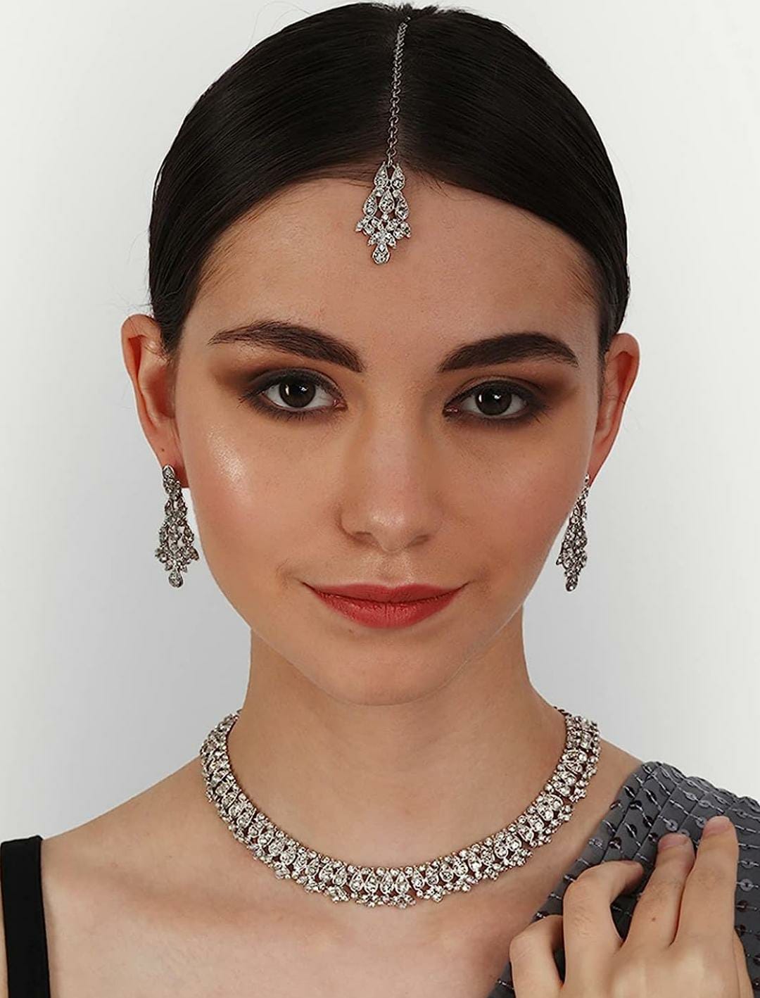 Silver Plated AD Crystal Austrian Diamond Necklace Jewellery Set with Earrings & Maang Tikka