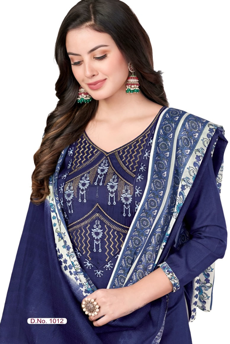 Women Printed Thread Work Pure Cotton Kurta with Patiala & With Dupatta