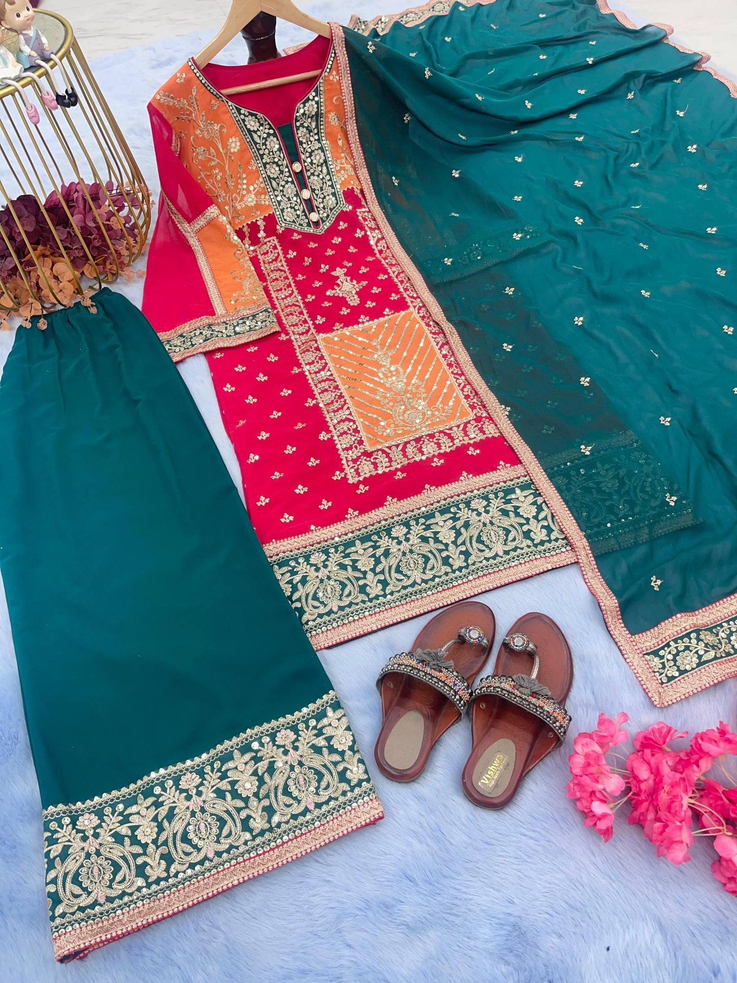 New Đěsigner Party Wear Suit Look Top Plazzo & Dupatta Set