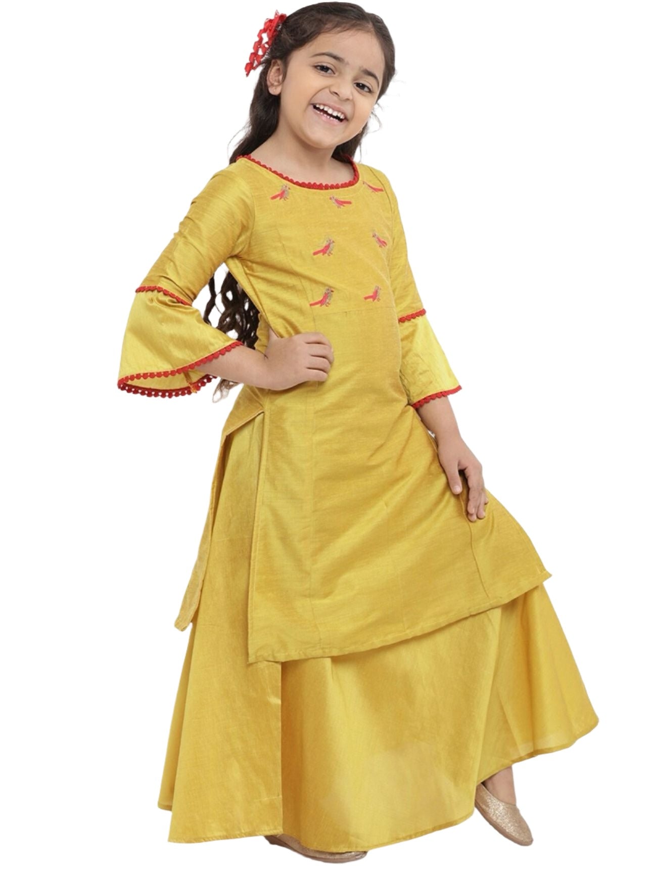 Kurta with Skirt for Girls Yellow Embroidered Pure Cotton
