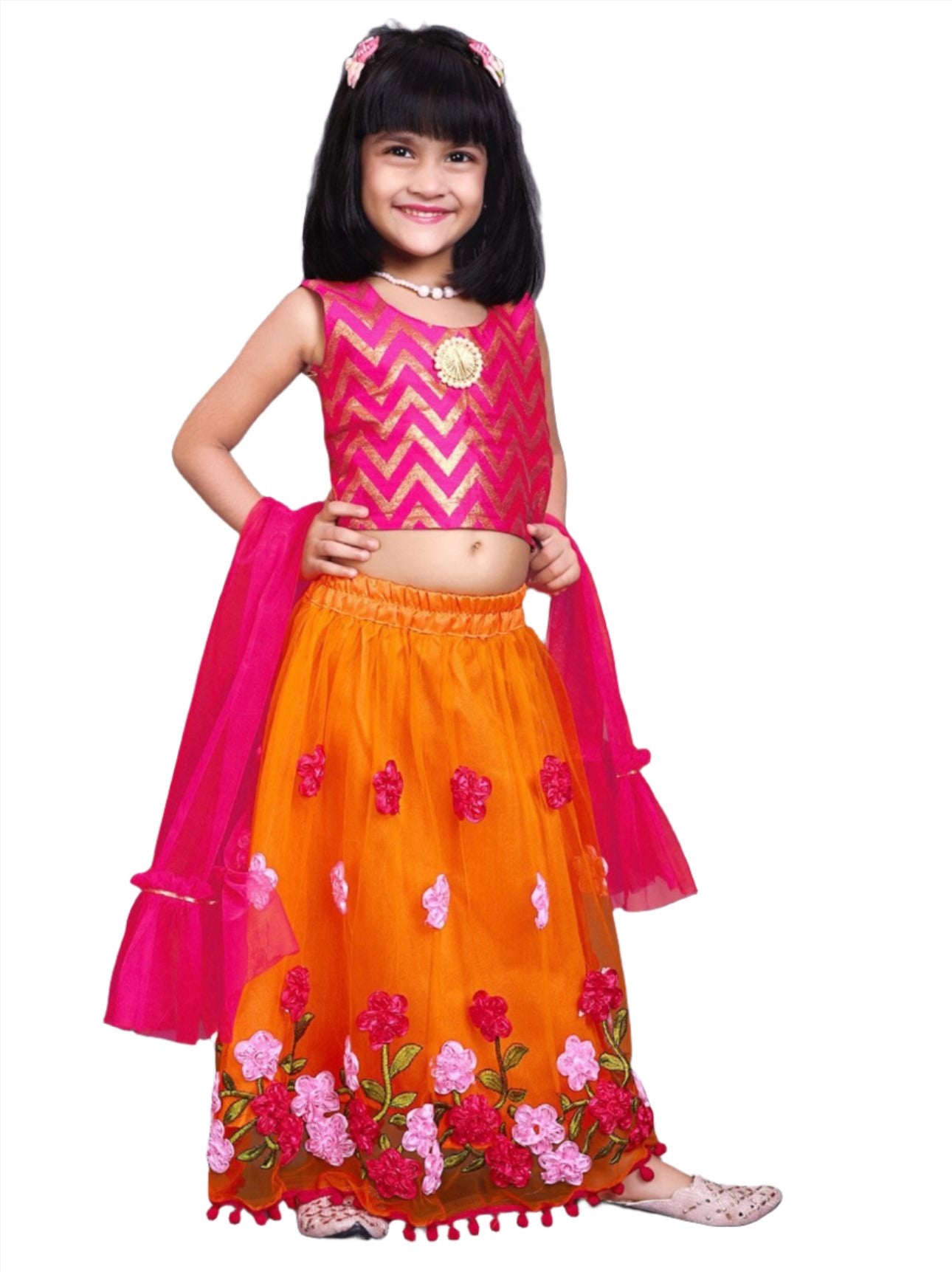 Lehenga & Blouse With Dupatta for Girls with Chevron Printed Thread Work Ready to Wear
