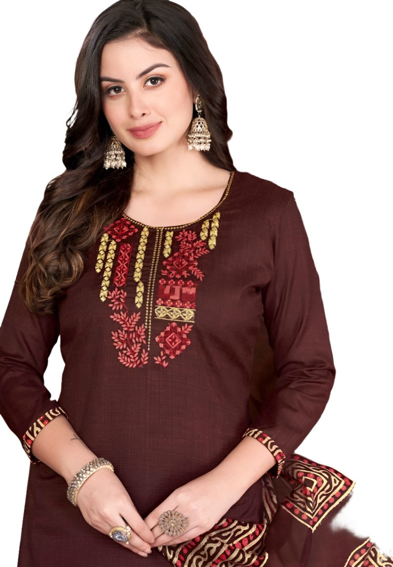 Women Printed Thread Work Pure Cotton Kurta with Patiala & With Dupatta