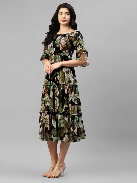 Black Multi Colour Printed Chiffon Smocked Tiered Dress embroidery and fabric detail - Neha Couture Indian Fashion