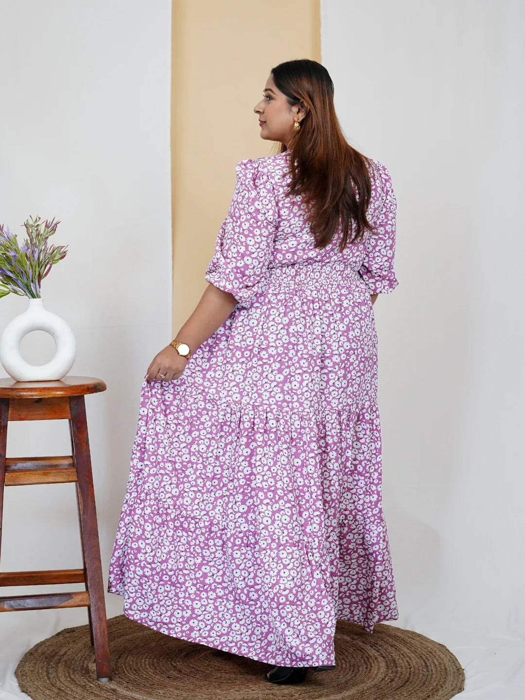 Women's V-Neck Floral Printed Plus Size Western Dress in Munich