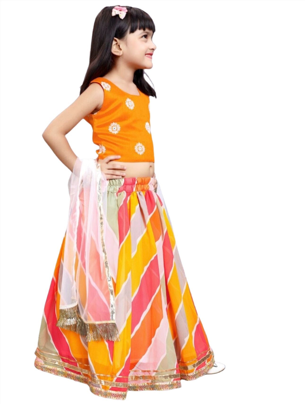 Lehenga & Blouse With Dupatta for Girls Orange & Pink Embroidered Ready to Wear