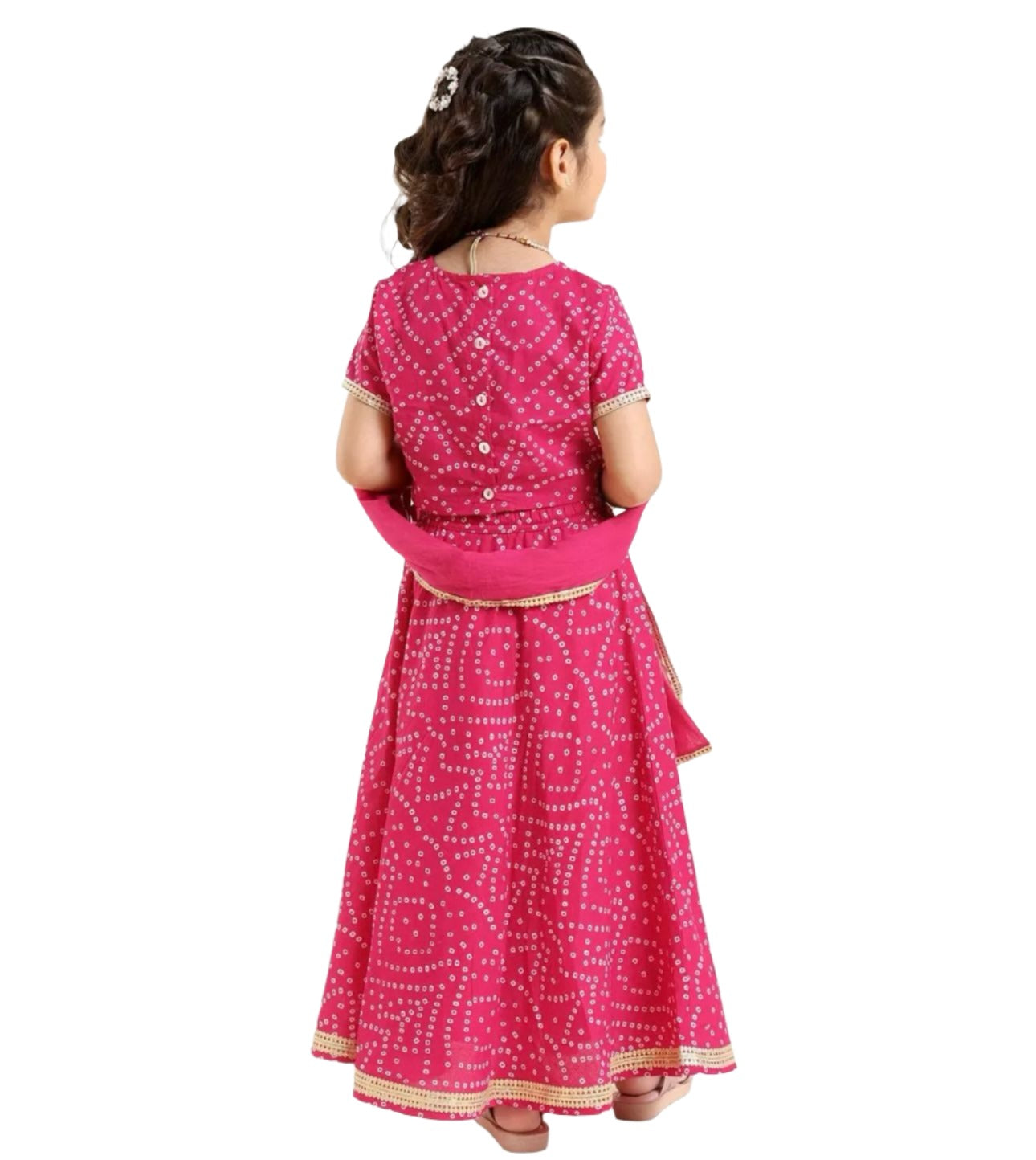 Short Sleeves Choli Lehenga Jari Border Dupatta Bandhani Print