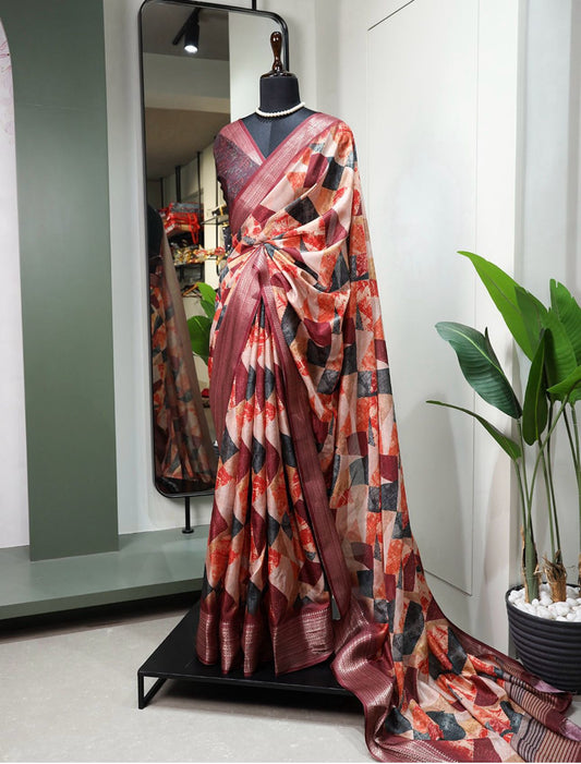 Dola Silk Saree printed With Zari Border
