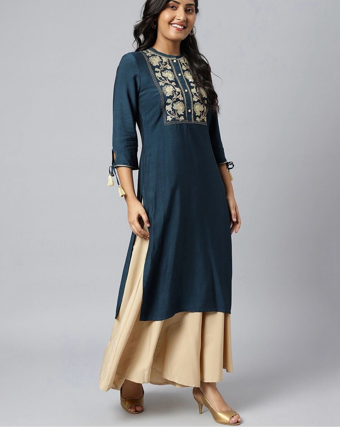 Women Blue & Gold-Toned Yoke Design Thread Work Kurta