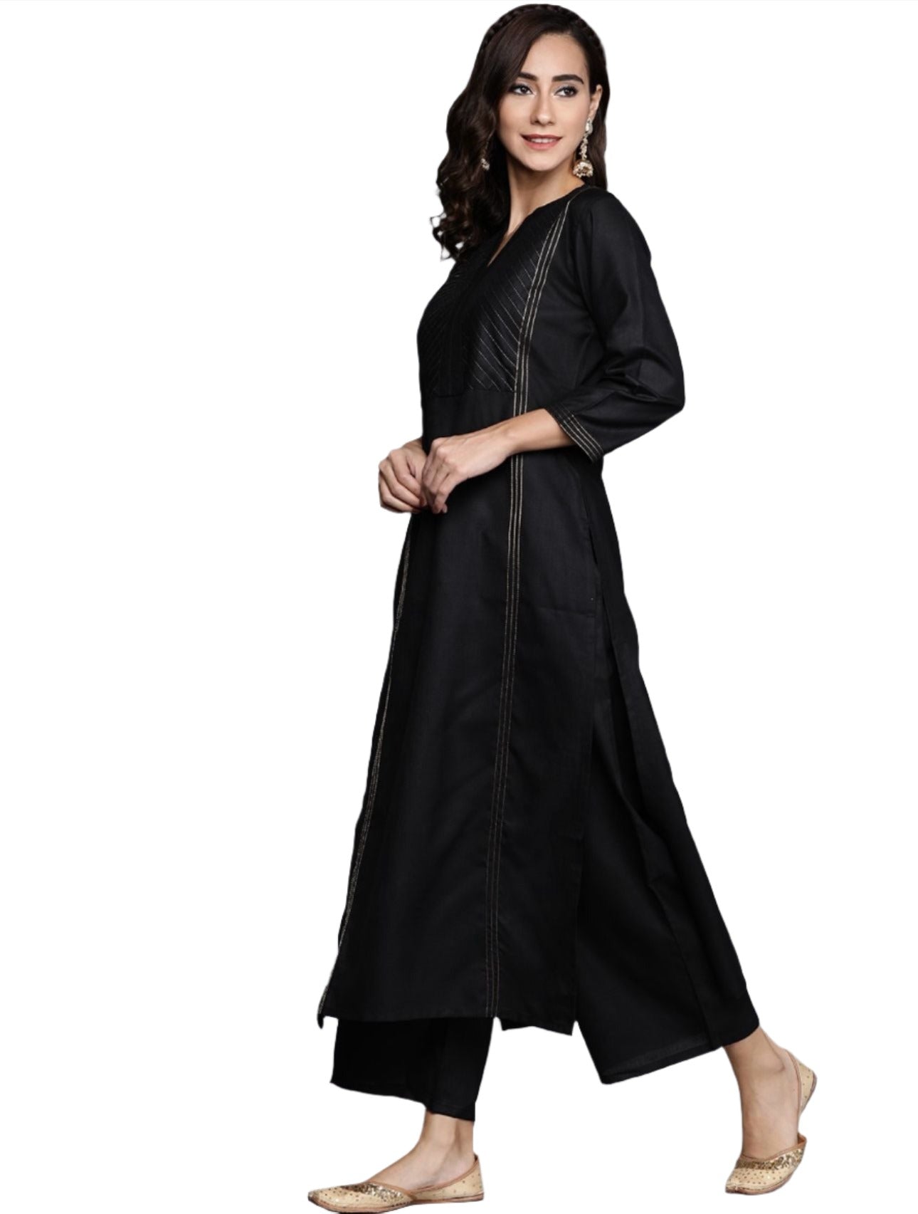 Black Pure Cotton Yoke Design Panelled Kurta with Palazzos & Dupatta