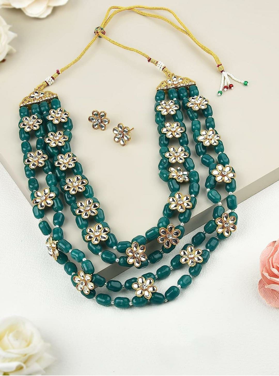 Green Beads & Floral Kundan Necklace Set For Women