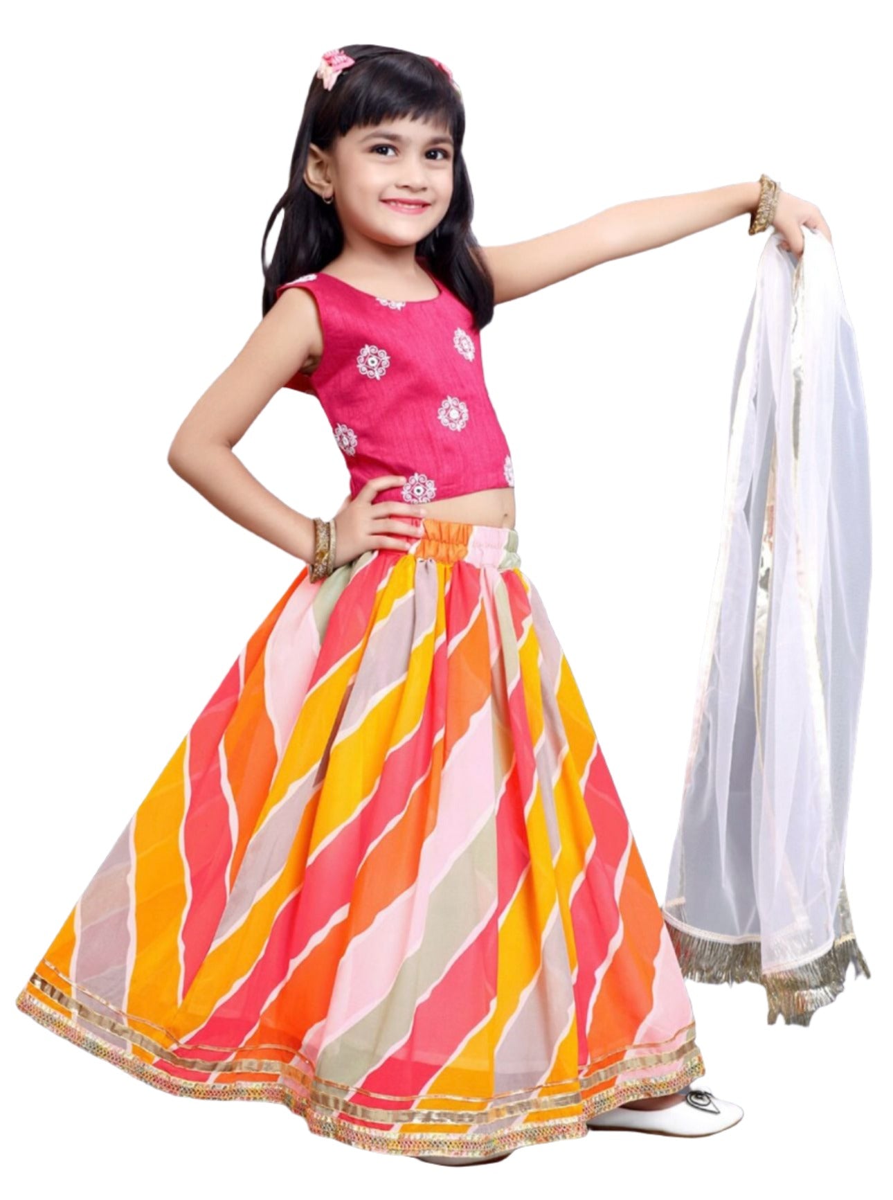 Lehenga & Blouse With Dupatta for girls Pink & Orange Embroidered Ready to Wear