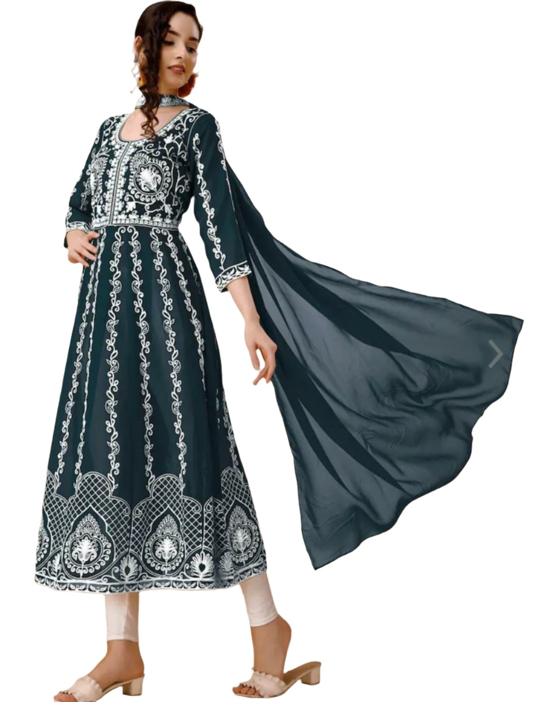 Teal & White Ethnic Motifs Embroidered Chikankari Kurta & Dupatta