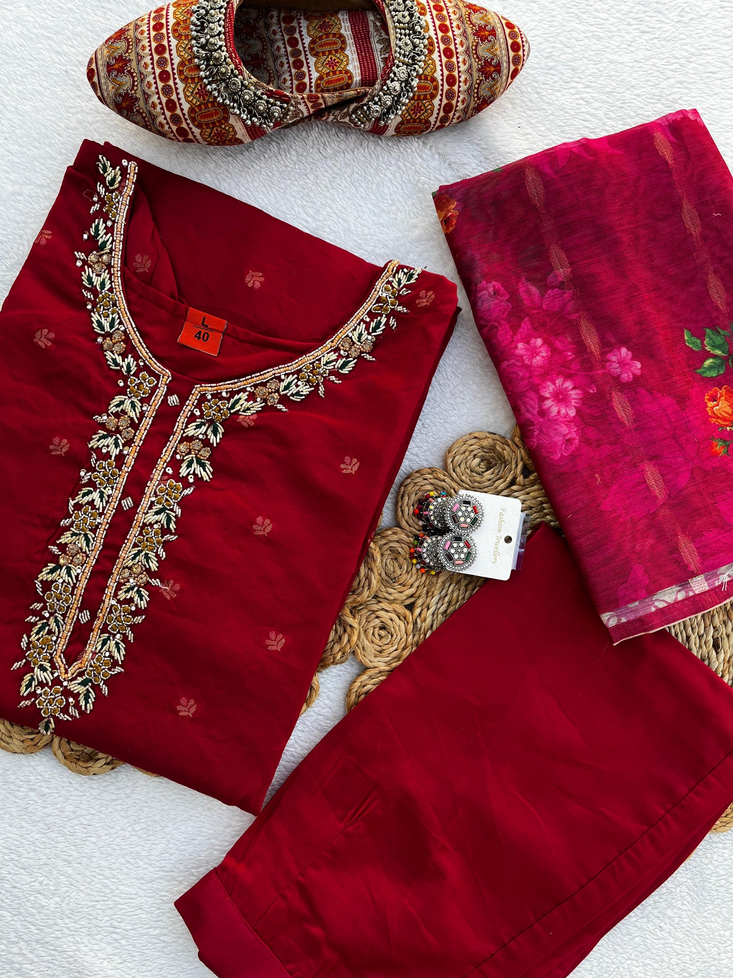 Handwork Banarasi Jacquard Silk Kurta Dupatta Bottom Set