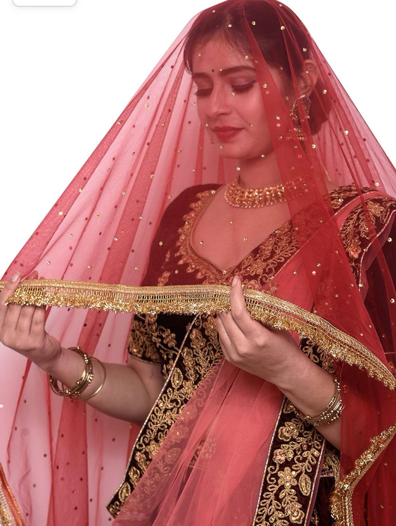 Women's net stone work shimmer lace dupatta