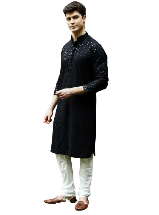 Men's Kurta Churidar with Embroidery Cotton Rayon Black