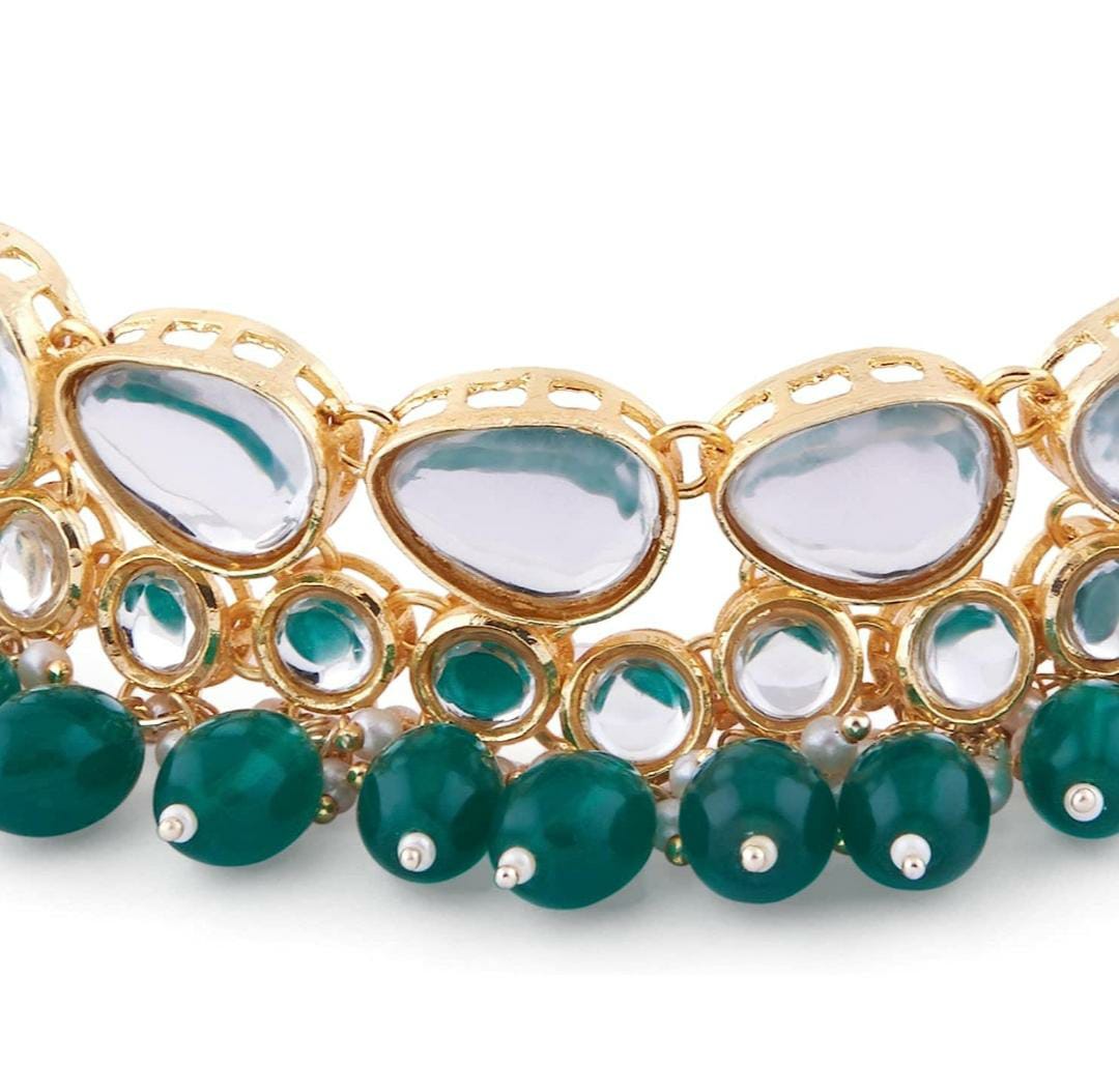 Green Beads Kundan Choker Necklace Earring & Ring Set For Women