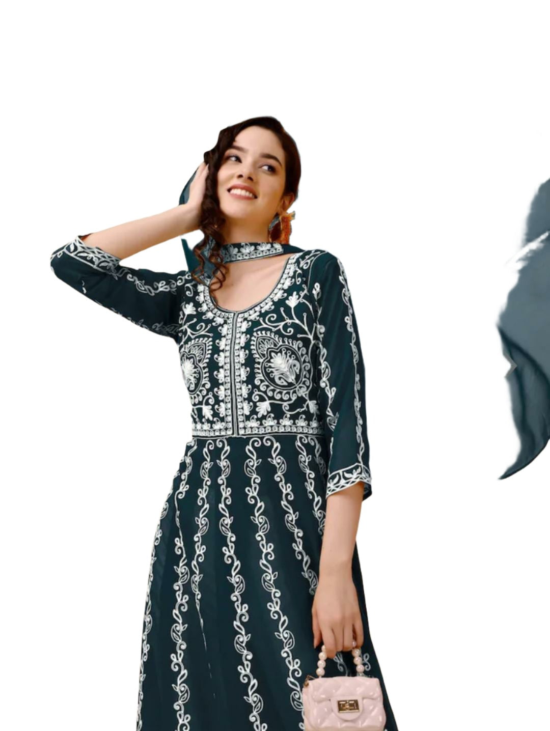 Teal & White Ethnic Motifs Embroidered Chikankari Kurta & Dupatta