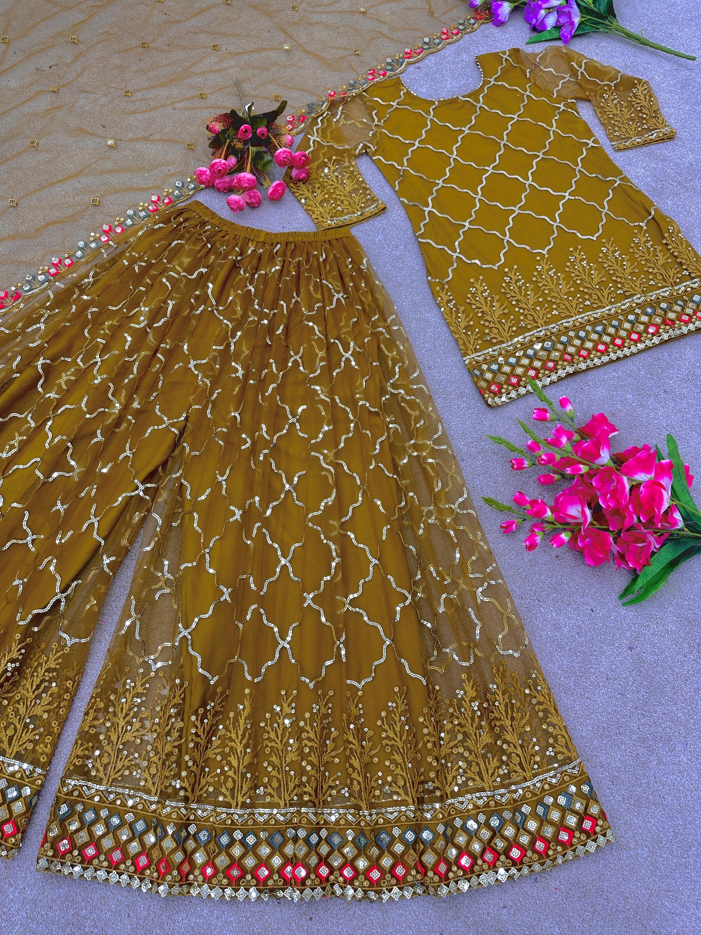 Party Wear Look Top-Plazzo and Dupatta With Heavy Embroidery Work Suit