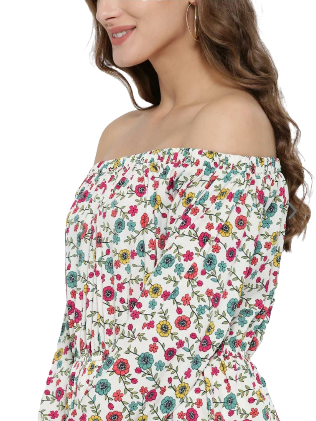 Women Off-White & Pink Floral Printed Blouson Dress
