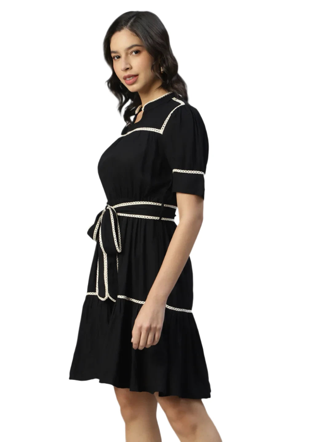 Women's Black Fit & Flare Puff Sleeve Knee Length Dress in Munich
