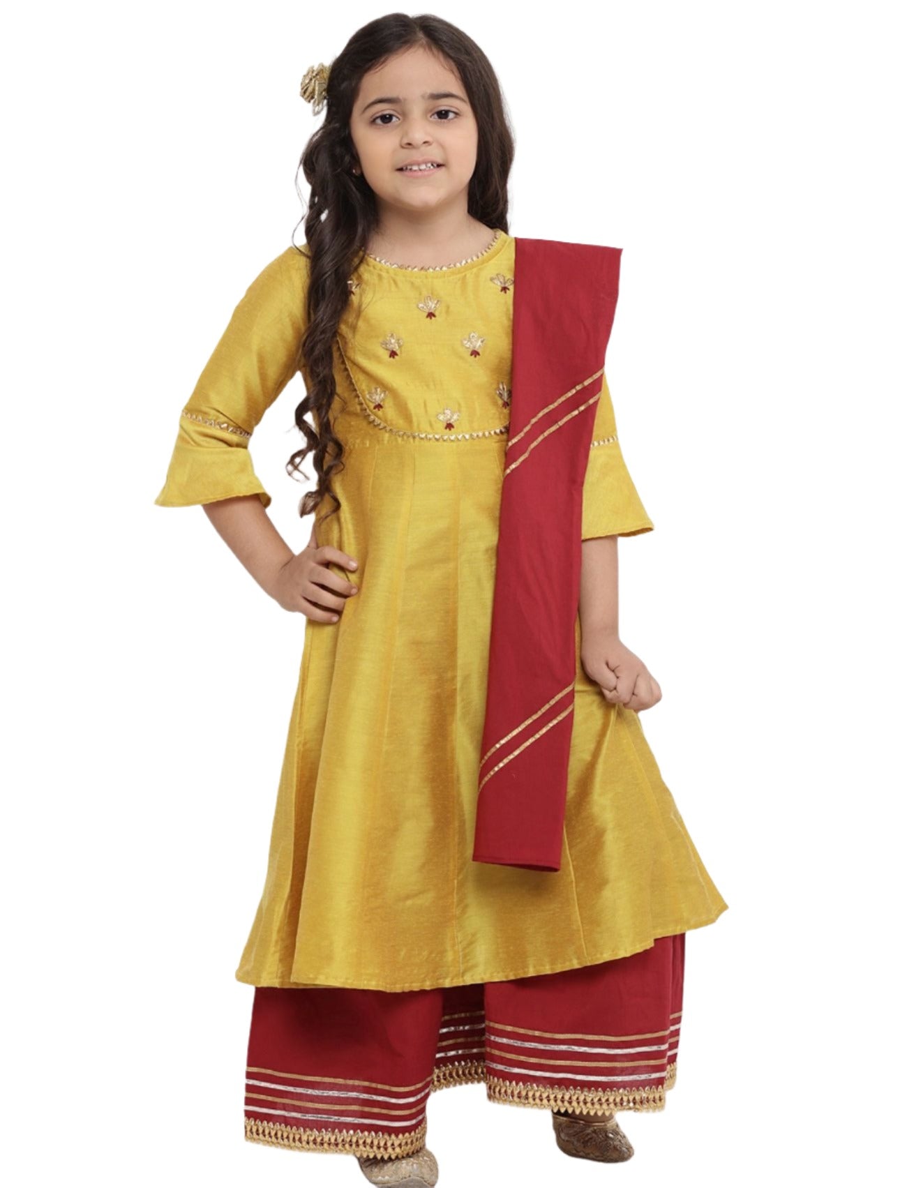 Kurti with Palazzos & Dupatta for Girls Yellow & Embroidered