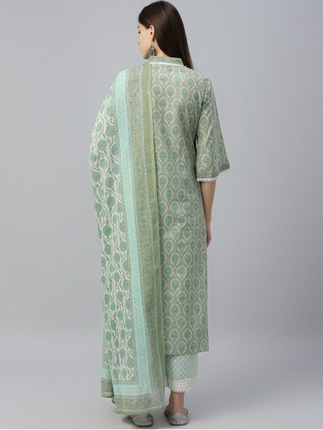 Women Green Printed Kurta with Palazzos Dupatta