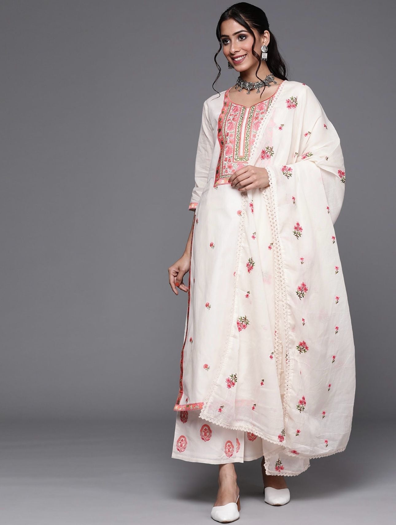 Off White & Pink Cotton Floral Thread Work Kurta with Palazzos & Dupatta