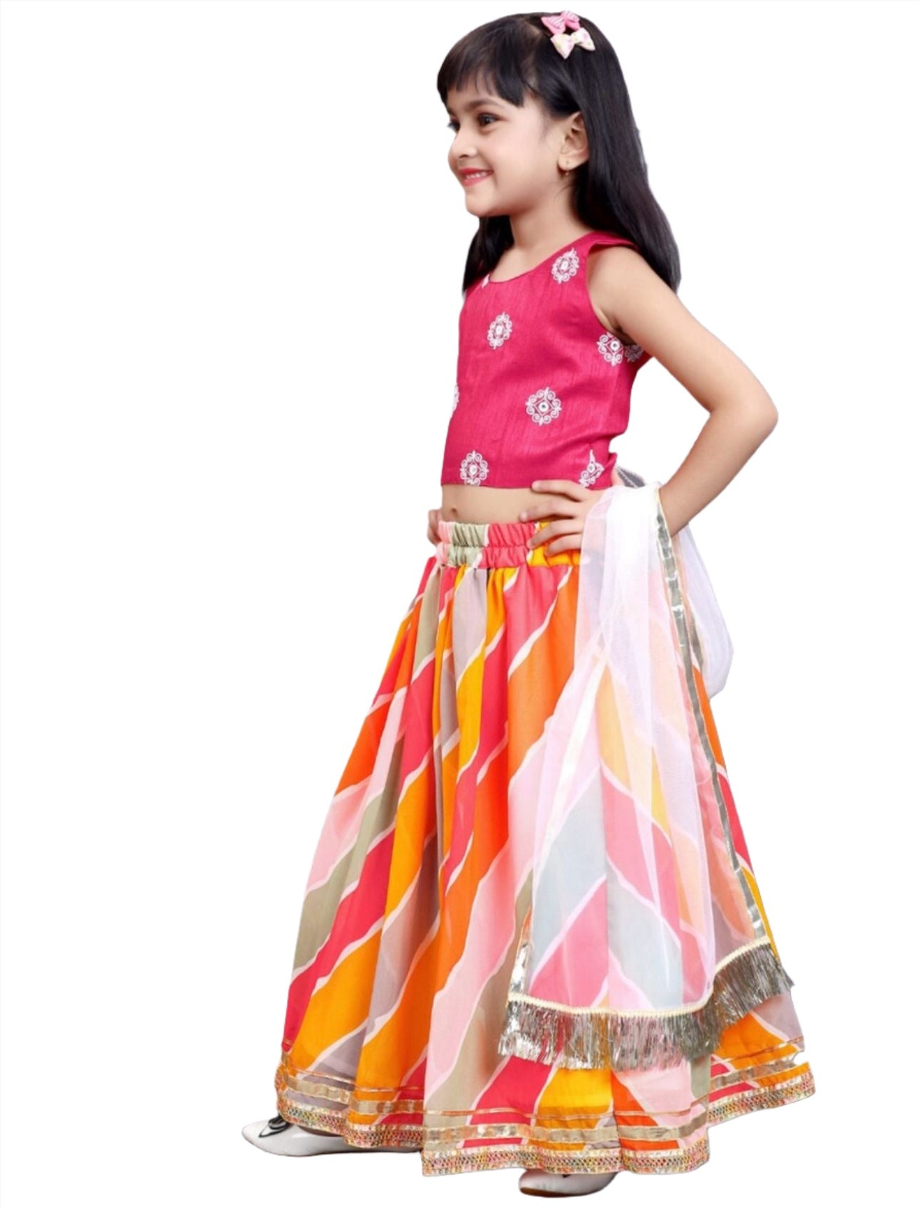 Lehenga & Blouse With Dupatta for girls Pink & Orange Embroidered Ready to Wear