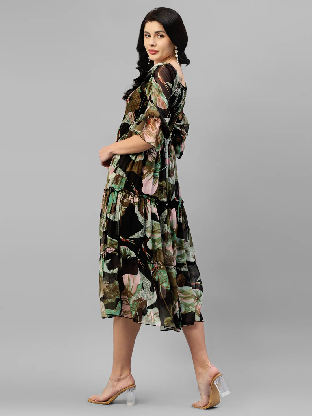 Black Multi Colour Printed Chiffon Smocked Tiered Dress in Germany