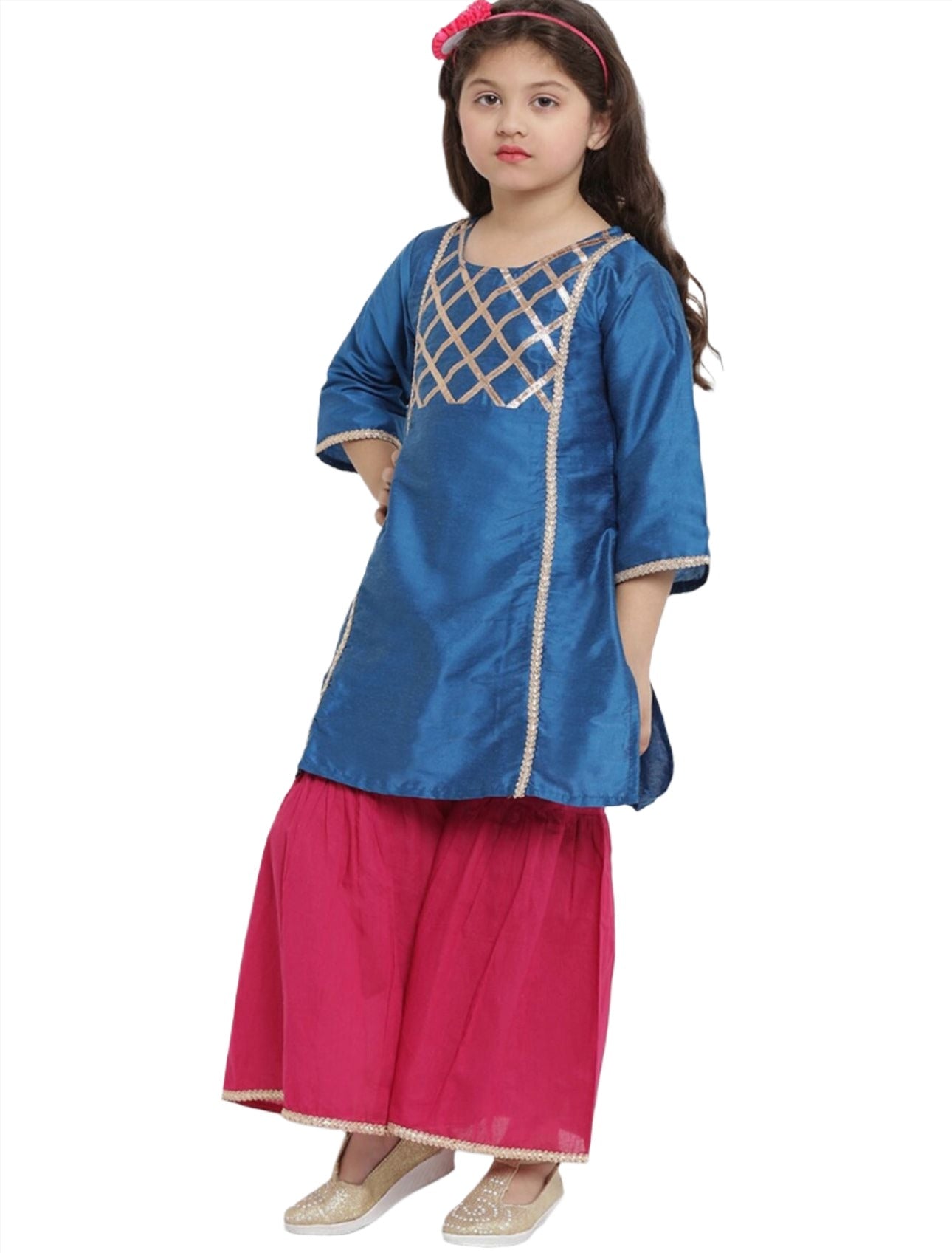 Silk Kurta with Palazzos & Dupatta for Girls Blue Angrakha Gotta Patti Dupion