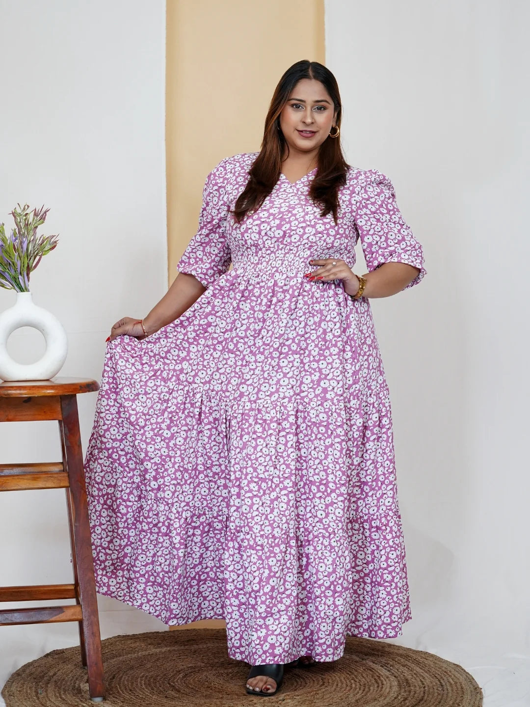 Women's V-Neck Floral Printed Plus Size Western Dress in Munich