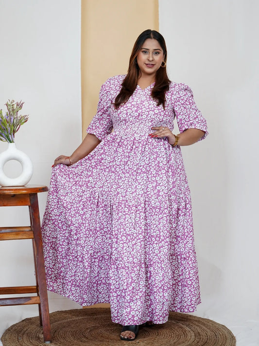 Women's V-Neck Floral Printed Plus Size Western Dress embroidery and fabric detail - Neha Couture Indian Fashion