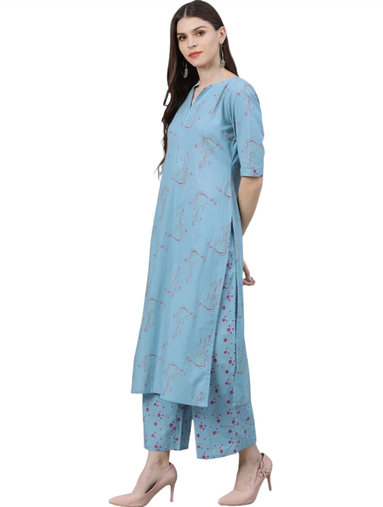 Blue Abstract Printed Pure Cotton Kurta with Palazzos & With Dupatta