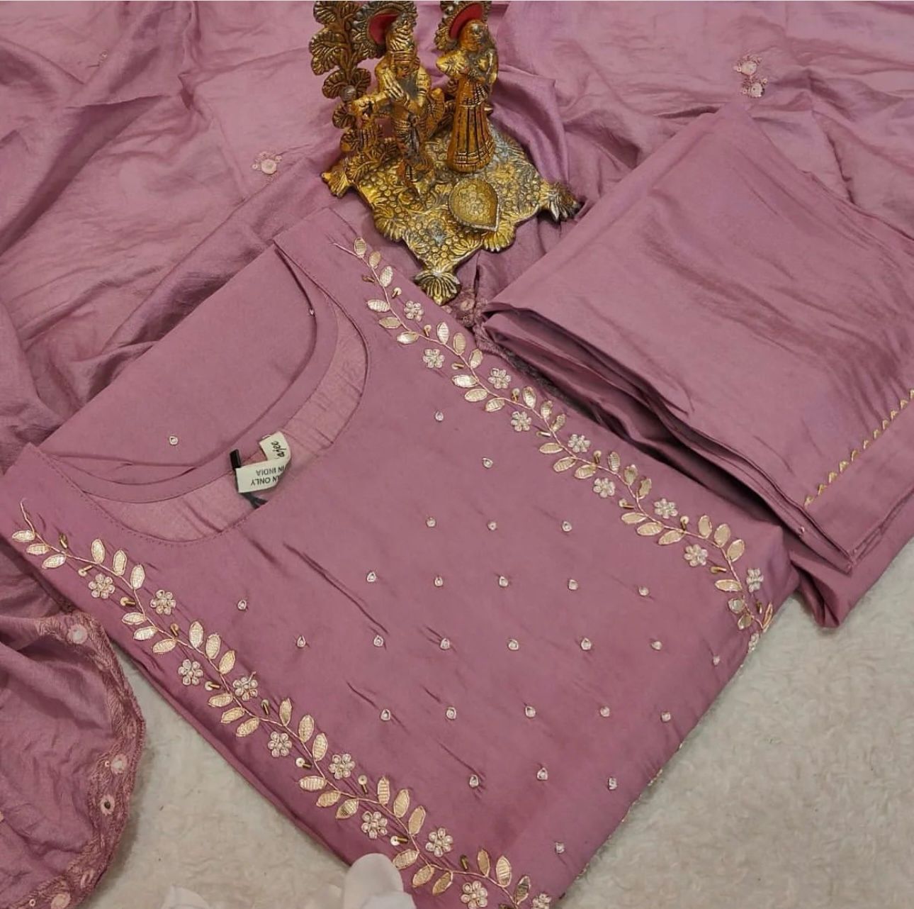 Handwork at Neck gotta Patti Pearl Dola Silk Kurta Dupatta Bottom Set