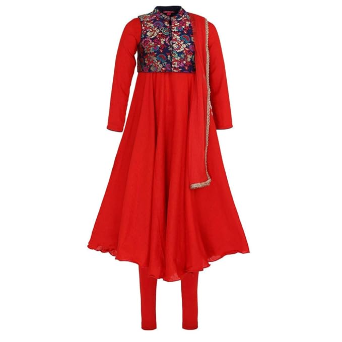 Girls Mandarin Collar Solid Churidar Suit With Jacket in Germany