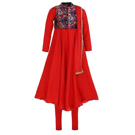 Girls Mandarin Collar Solid Churidar Suit With Jacket in Germany