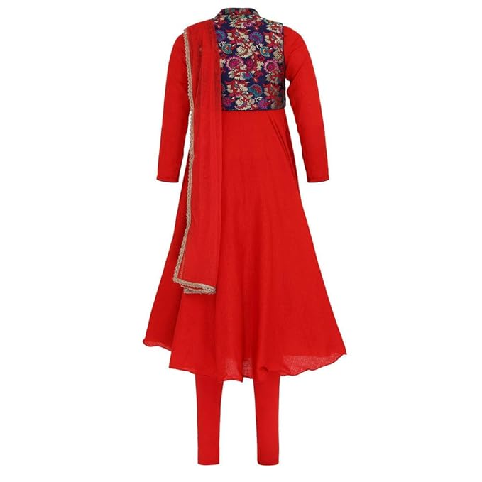 Girls Mandarin Collar Solid Churidar Suit With Jacket in Germany