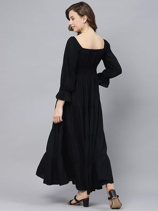 Women A-line Black Dress embroidery and fabric detail - Neha Couture Indian Fashion