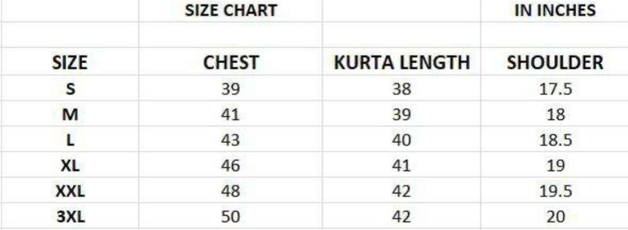 mens kurta size chart