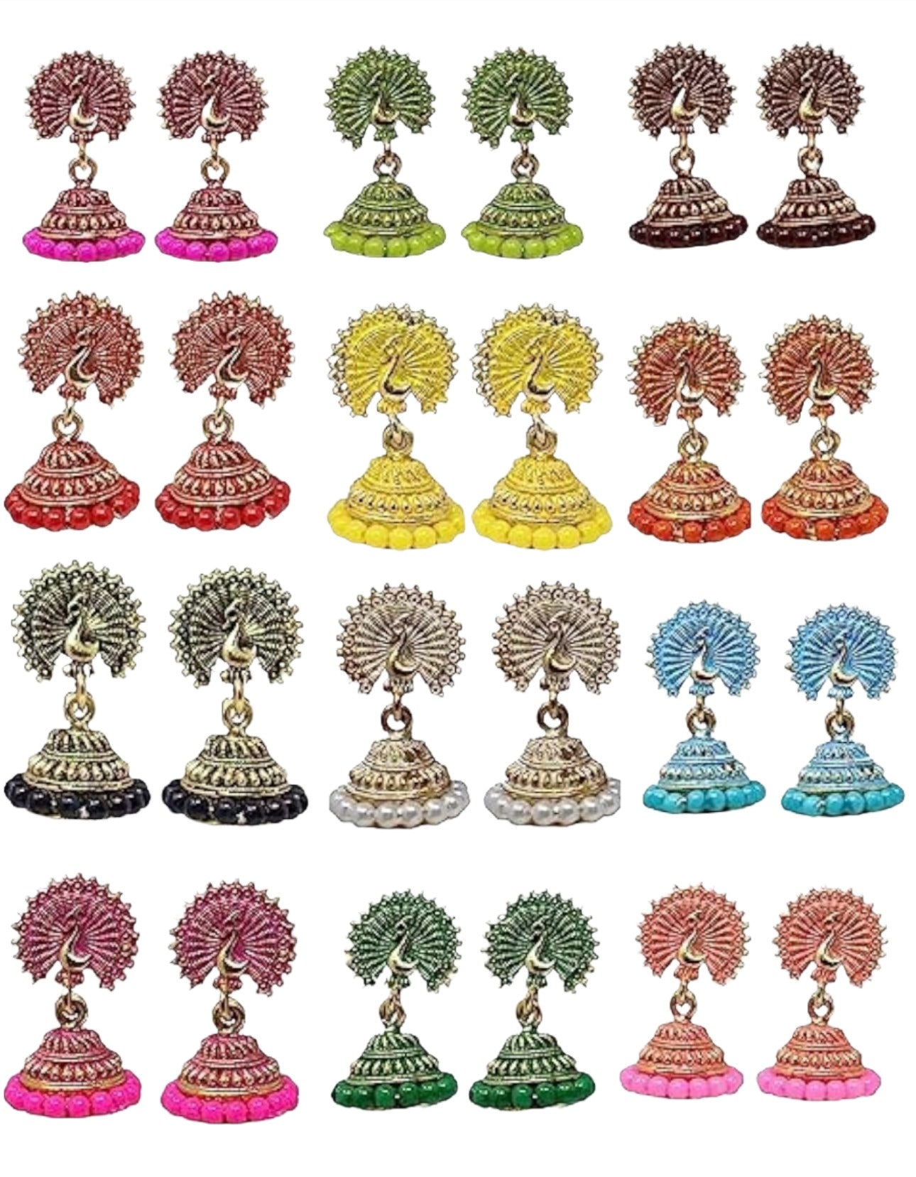 Women's Traditional Gold Ethnic Antique South Indian Round Pearl Moti Feather Peacock Jhumka Earrings