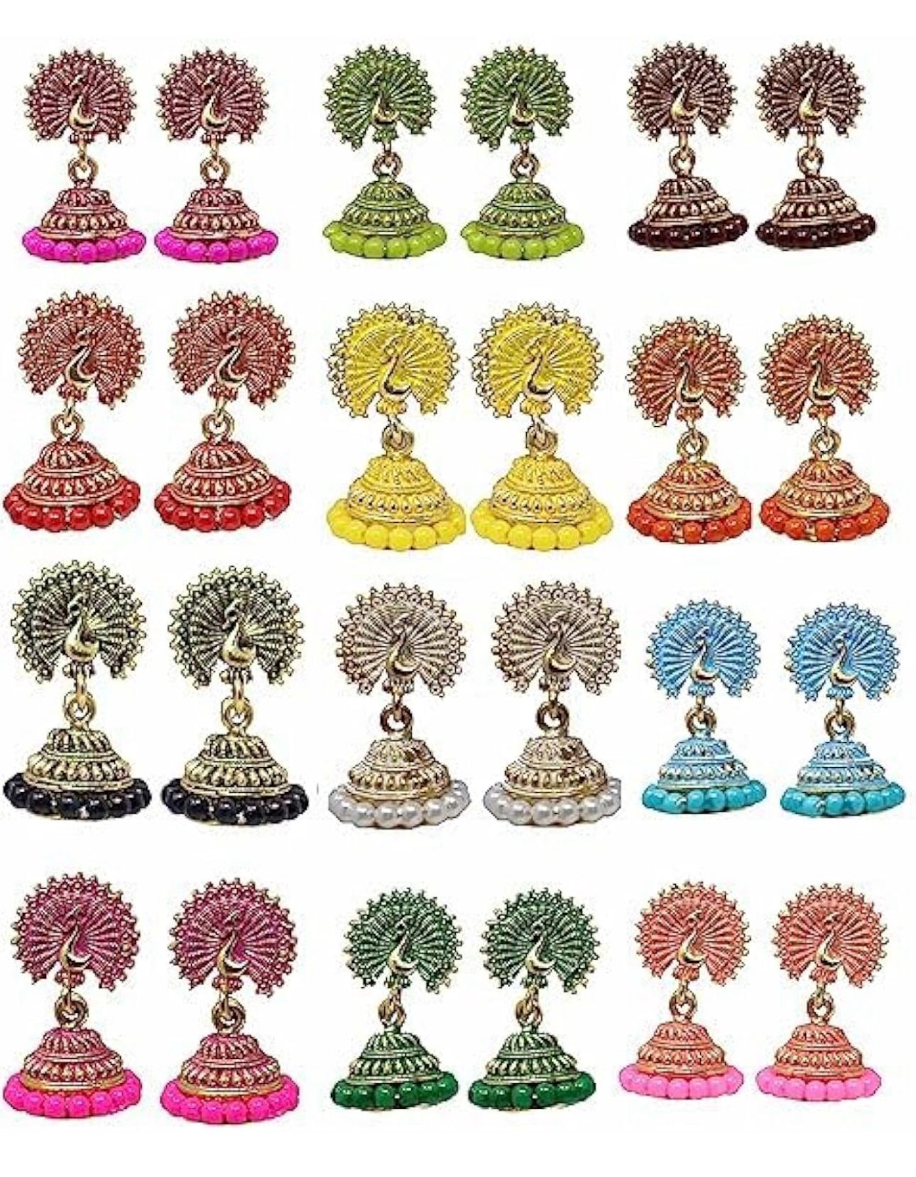 Women's Traditional Gold Ethnic Antique South Indian Round Pearl Moti Feather Peacock Jhumka Earrings