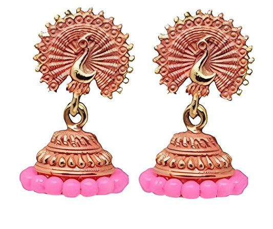 Women's Traditional Gold Ethnic Antique South Indian Round Pearl Moti Feather Peacock Jhumka Earrings