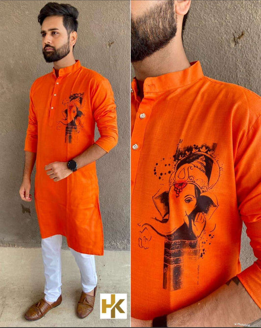 Mens Kurta Pyjama in Germany with ganesh print orange