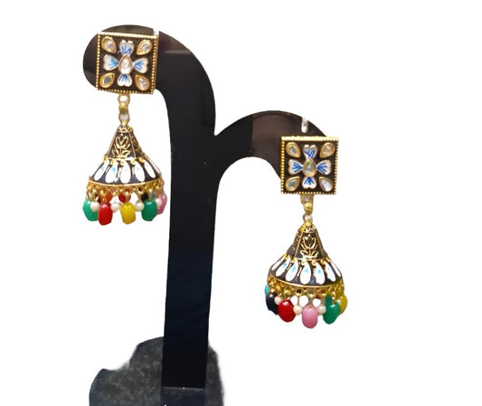 Jhumkas Meenakari Dome Kundan Earrings