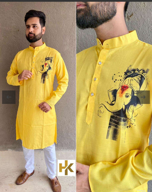 Mens Kurta Pyjama in Germany with ganesh print yellow
