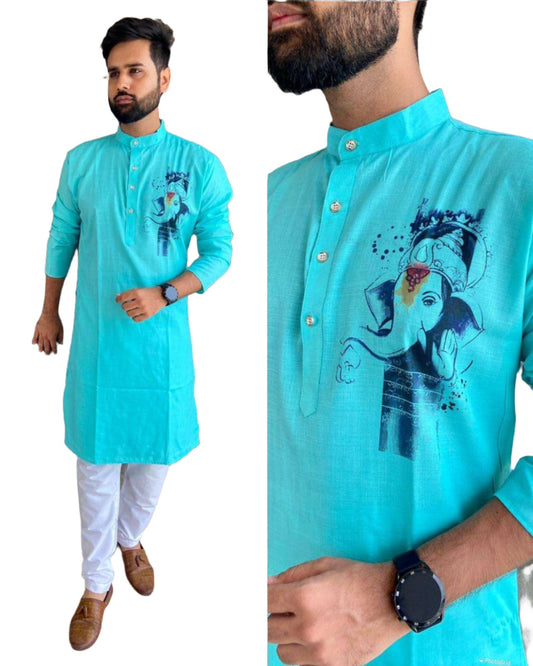 Mens Kurta Pyjama in Germany ganesh print blue