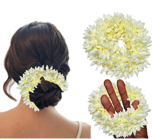 Scented Mogra Gajra Hair Accessories For Women & Girls - Hair Flower Bun Artificial Fake Gajra Scrunchies Rubber Band - Premium & Voluminous, White