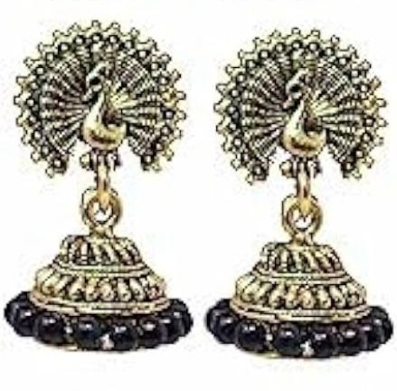 Women's Traditional Gold Ethnic Antique South Indian Round Pearl Moti Feather Peacock Jhumka Earrings