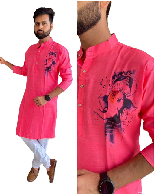 Mens Kurta Pyjama in Germany with ganesh print pink